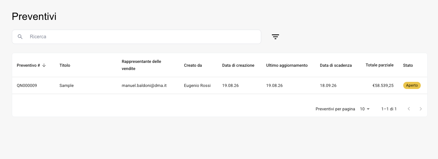 I tuoi preventivi nell'area riservata, con stato e totale.